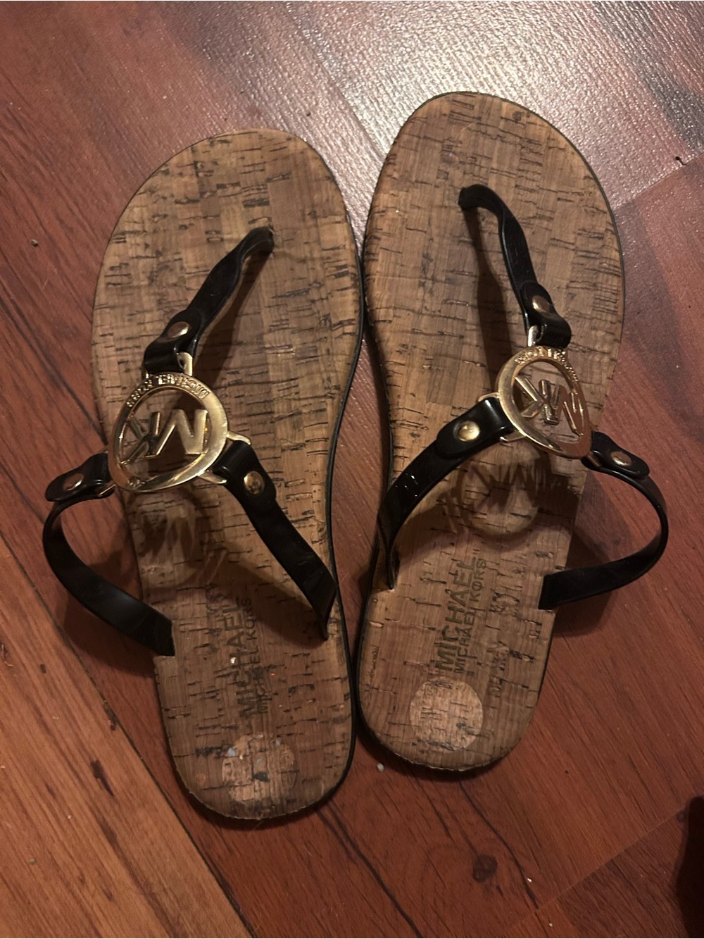 Michael Kors Black Patent Leather Sandals with Gold Logo